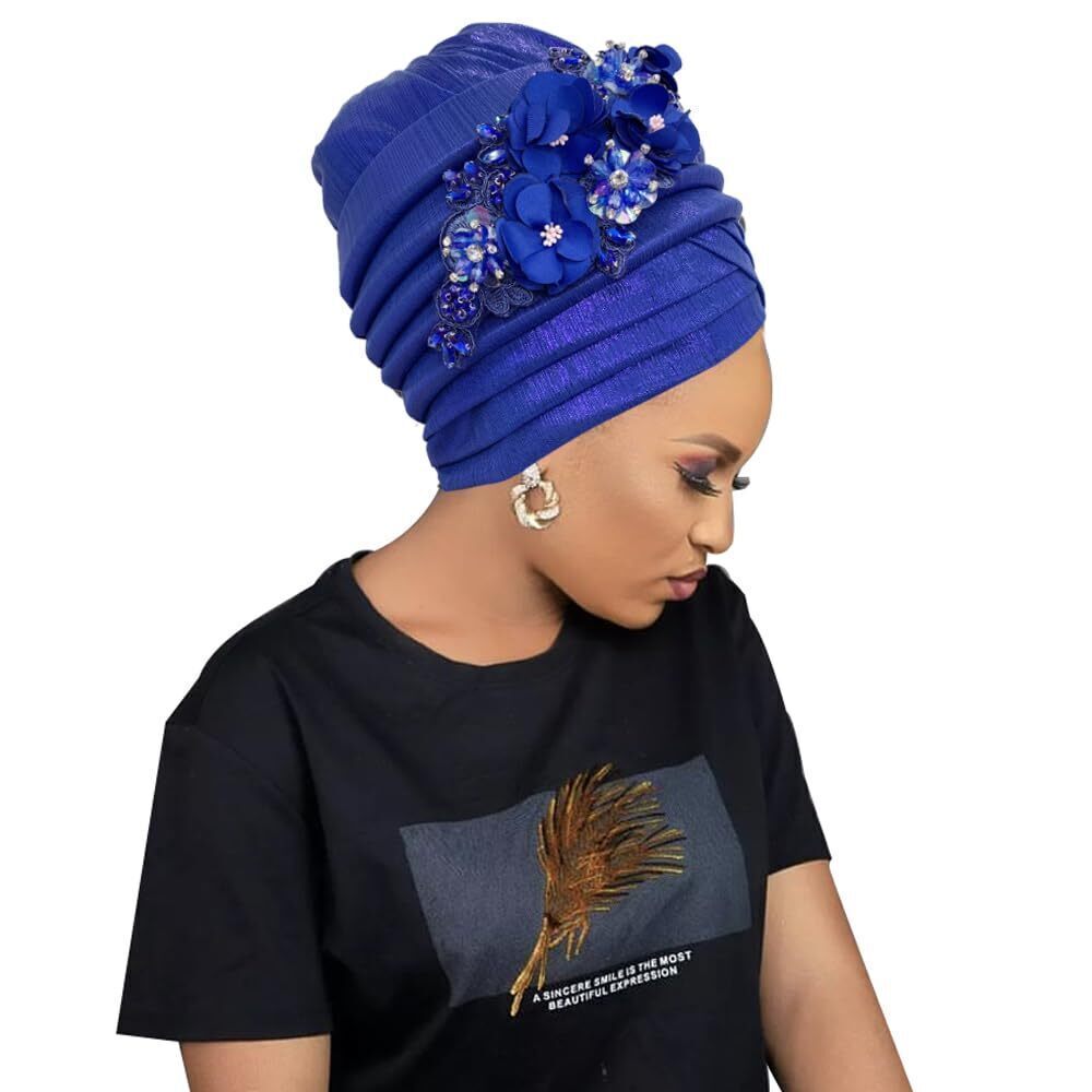 4237 Gold Color Turban Cap Diamonds Flower African Head Wraps Bonnet